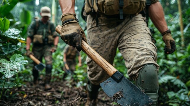 Adventurers navigating through a dense jungle, machetes in hand, stock photo style