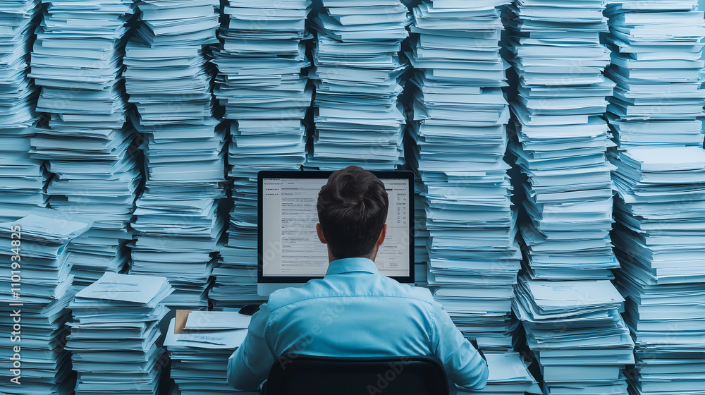Poster man sits at desk overwhelmed by towering stacks of paperwork, working diligently on computer in clut