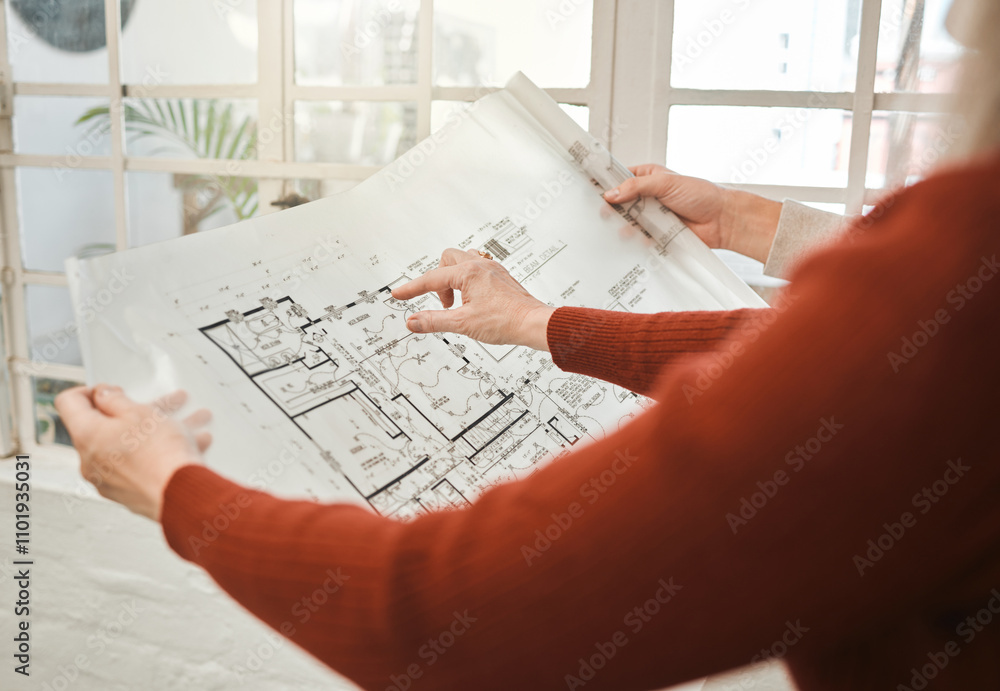 Aufkleber office, hands and business people with blueprint for architecture, planning and project management. 