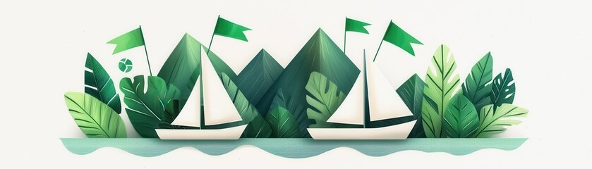 Stylized Illustration of Sailboats with Green Flags Sailing Among Lush Mountains and Foliage