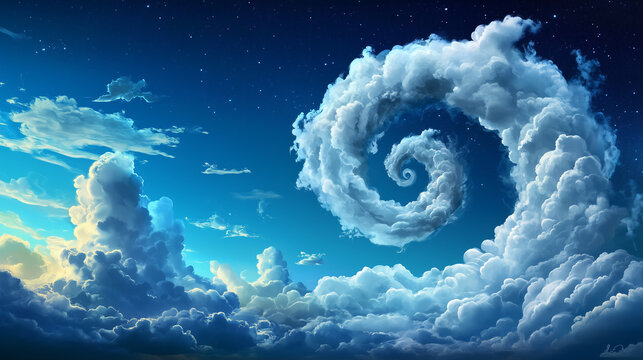Majestic vortex of clouds forming a spiral, dramatic and surreal sky scene, captivating weather phenomenon