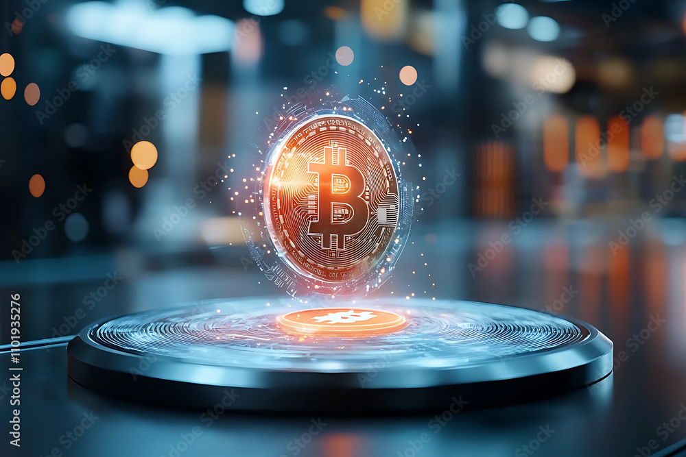 Poster cryptocurrency hologram display digital space graphic visualization futuristic environment close-up 