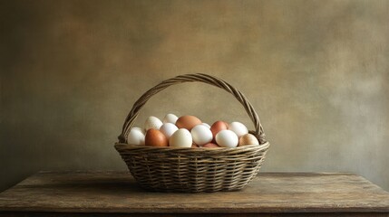 A rustic basket filled with assorted eggs on a wooden table against a textured background.