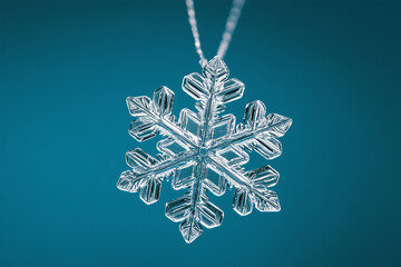 Crystal snowflake ornament hanging against a smooth blue background, intricate winter design