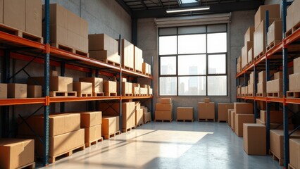 Bright and airy warehouse mockup with shelves full of storage boxes