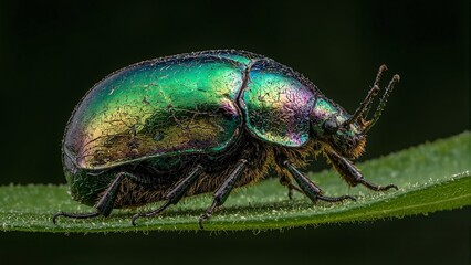 Fototapeta premium Vivid scarab beetle shell with green purple and gold hues reflecting light
