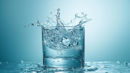 Water splash in a glass with ice cubes on a blue background