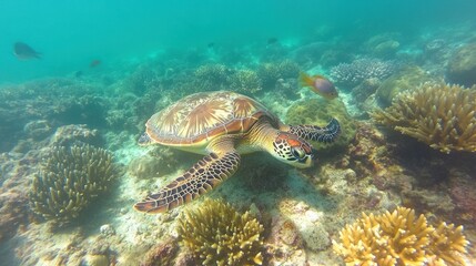 A sea turtle swimming gracefully over coral reefs in a vibrant underwater scene.