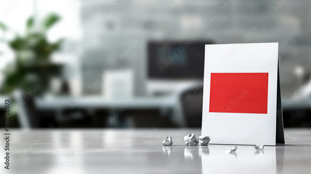 Poster discarded document with red stamp sits on table, surrounded by crumpled paper. office environment is