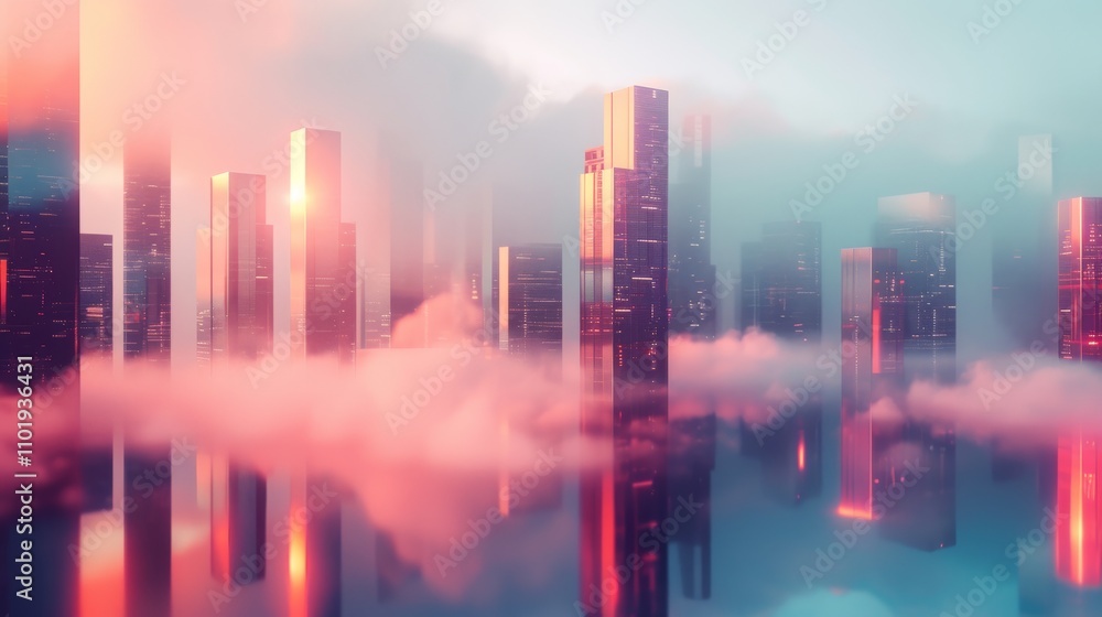 Poster a digital rendering of a futuristic city with tall, reflective skyscrapers emerging from a foggy atm