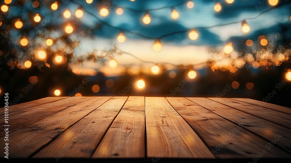 Poster wooden table display setup with lights in outdoor evening setting