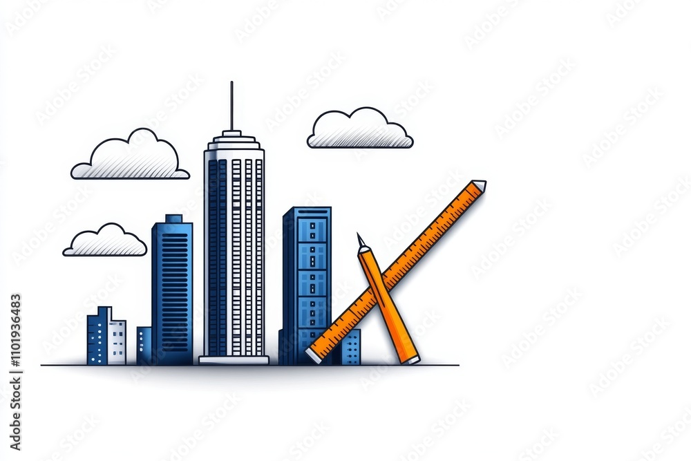 Poster a simple architectural logo design featuring a stylized skyscraper and ruler in clean lines