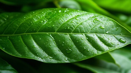 Close-up of a Dew-Covered Green Leaf in Lush Nature