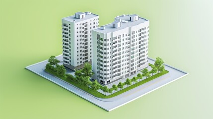 This 3D render depicts a modern residential complex with two tall buildings surrounded by green landscaping. The focus is on contemporary urban living, combining greenery and architecture for a