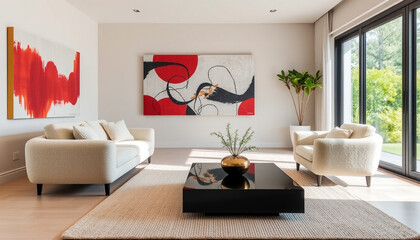 Japandi Minimalist Interior Design with Art Frame and Stylish Sofa in Modern Living Room.