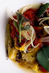 Italian pasta, ravioli, with tomato and vegetables.