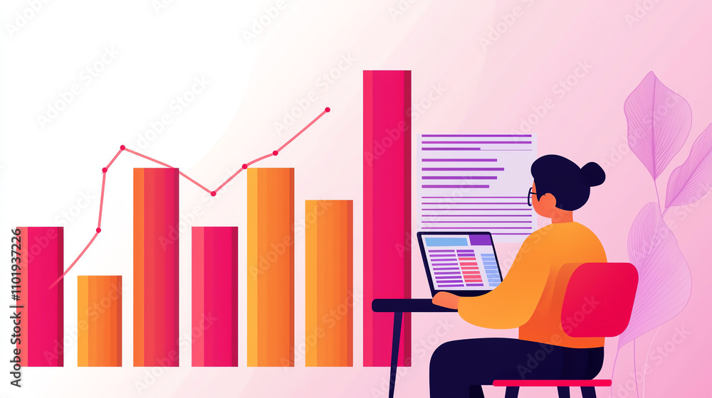 Poster data analysis illustration showing person working on laptop with colorful bar graphs and charts, con