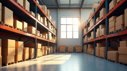 A modern warehouse mockup with shelves full of neatly stacked boxes