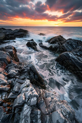Obraz premium Majestic Coastal Sunrise: Rugged Shoreline with Crashing Waves and Vibrant Skies