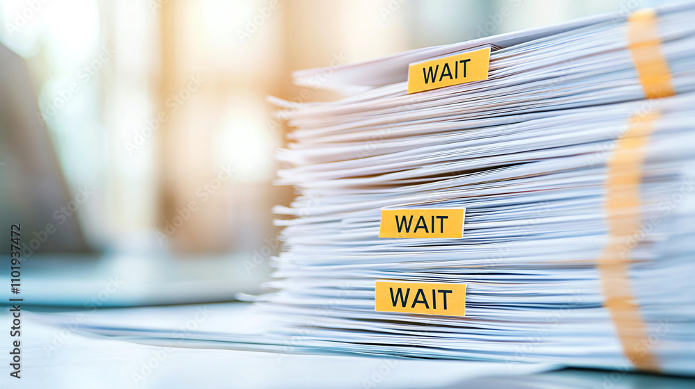 Poster stack of documents with yellow wait stamps, organized neatly. image conveys sense of anticipation an