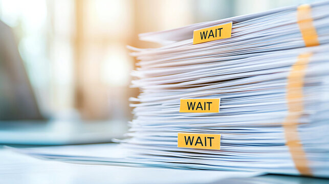 Stack of documents with yellow WAIT stamps, organized neatly. image conveys sense of anticipation and order in busy office environment