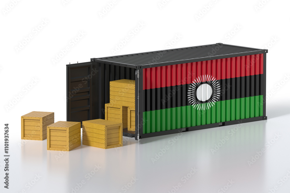Aufkleber cargo container with malawi flag being unloaded with wooden crates on white background