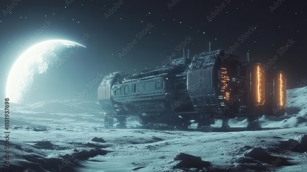 Sticker a futuristic spaceship rests on a desolate lunar surface under a bright moon.