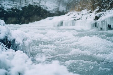 A peaceful scene of a stream flowing through a snowy forest, perfect for use as a calm and serene background image