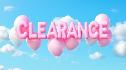 Colorful pink balloons displaying the word 'Clearance' against a bright blue sky.