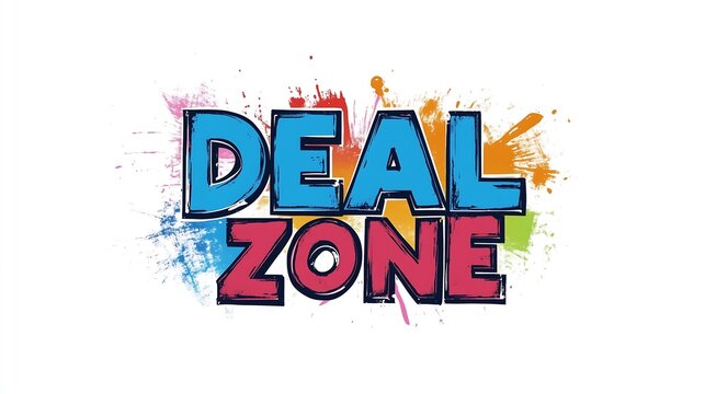 Vibrant and playful 'Deal Zone' word graphic with colorful splashes, perfect for promotions and marketing.