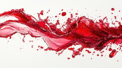 Vibrant splash of ruby-red wine champagne in a glass, with droplets creating dynamic patterns, isolated on white