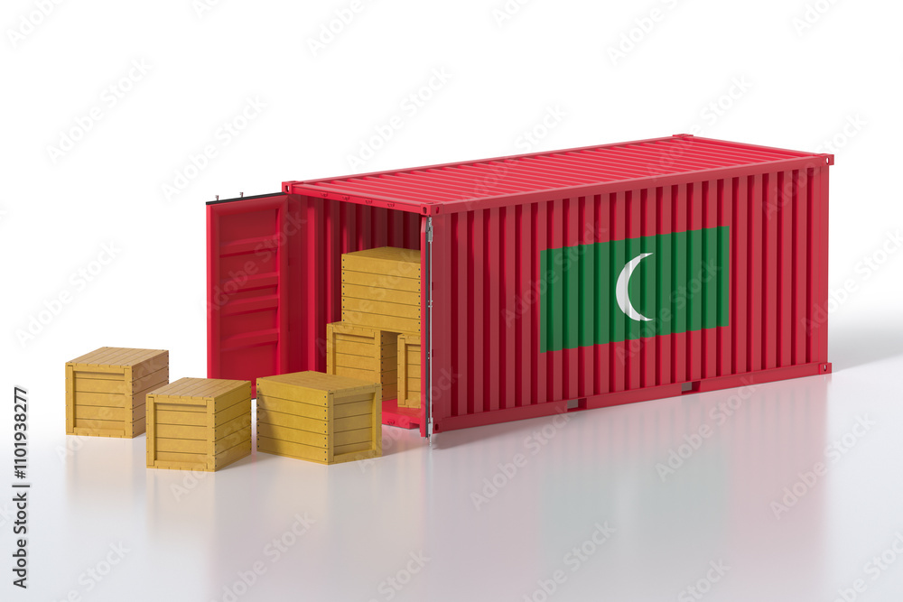 Poster cargo container with maldives flag being unloaded with wooden crates on white background