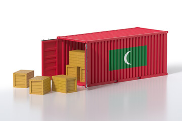 Cargo Container with Maldives Flag Being Unloaded with Wooden Crates on White Background