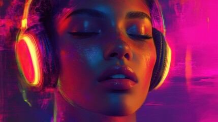 Glowing headphones frame a woman's face in vivid digital art, blending futuristic aesthetics with dynamic color play.