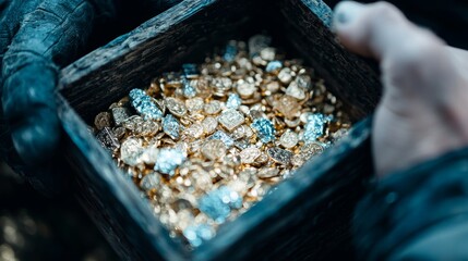 Adventurers opening a treasure chest to reveal glowing gold and jewels, stock photo style