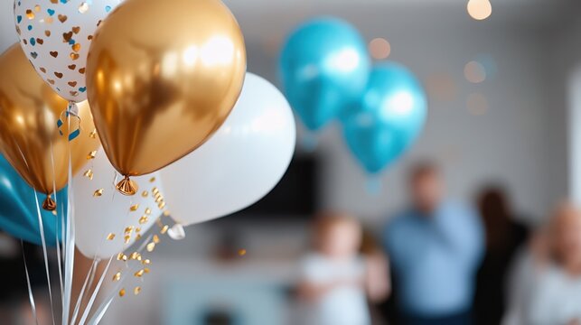 Featuring gold and blue balloons, this image highlights a sophisticated indoor gathering atmosphere, with blurred figures adding to the upscale celebration.