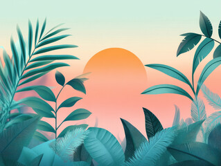 Lush emerald and peach tropical sunset, suitable for a relaxing evening in a vibrant tropical landscape