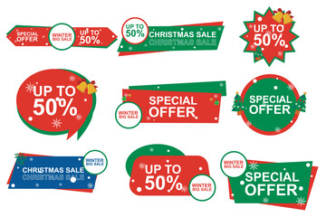 Symbol Set. end year sale and Christmas sale logo with discount text. Vector illustration