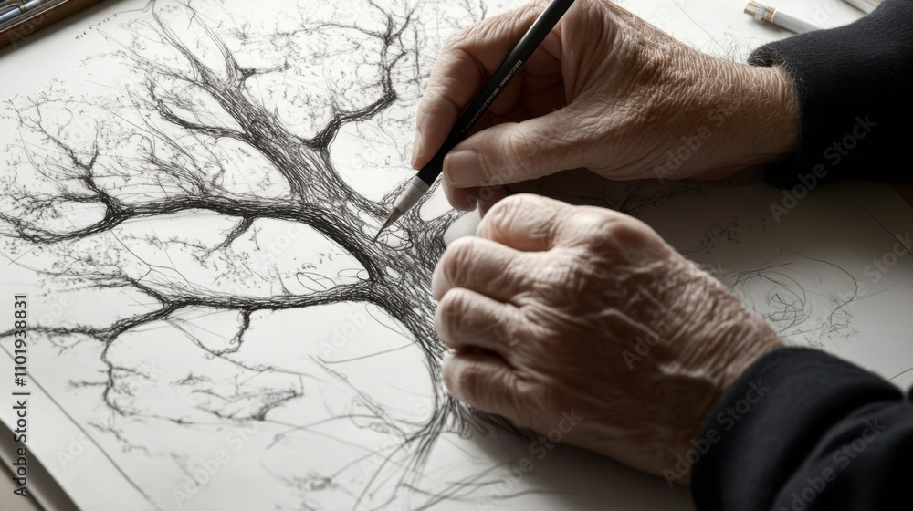 Poster hands of an architect sketching an intricate, abstract tree design, blending artistic vision with te