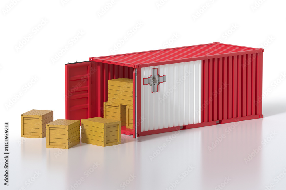 Poster cargo container with malta flag being unloaded with wooden crates on white background