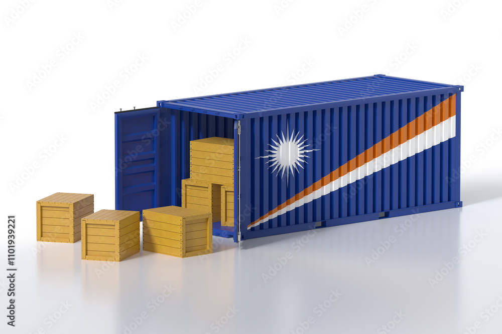 Poster cargo container with marshall islands flag being unloaded with wooden crates on white background