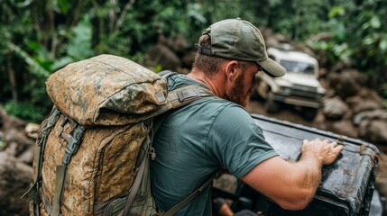 Fototapeta premium Treasure hunters stumbling upon ancient ruins while searching for the hidden chest, stock photo style