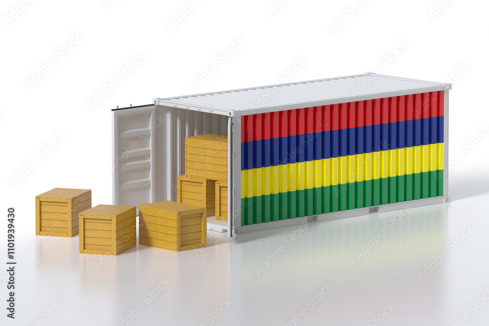 Aufkleber cargo container with mauritius flag being unloaded with wooden crates on white background