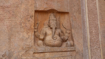 India, Tamil Nadu, Kudumiyamalai, Beautiful 9th Century Carving Sculpture of Lord Ganesha, Arulmigu Kuduminathar Temple. 