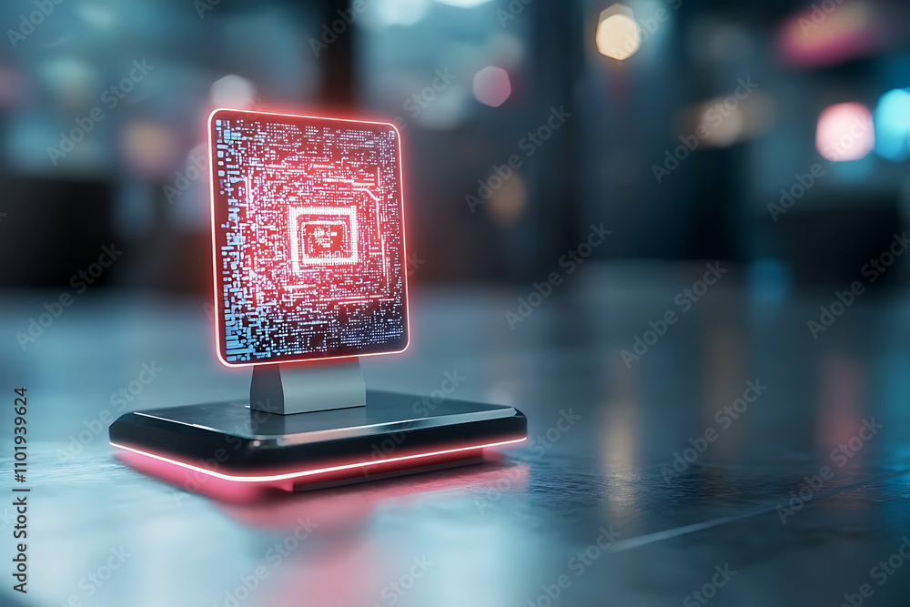 Poster innovative hologram qr code payment system high-tech environment digital interaction neon glow futur