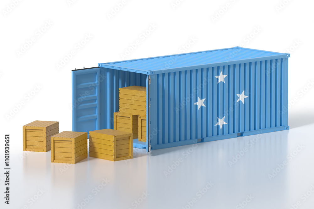 Aufkleber cargo container with micronesia flag being unloaded with wooden crates on white background