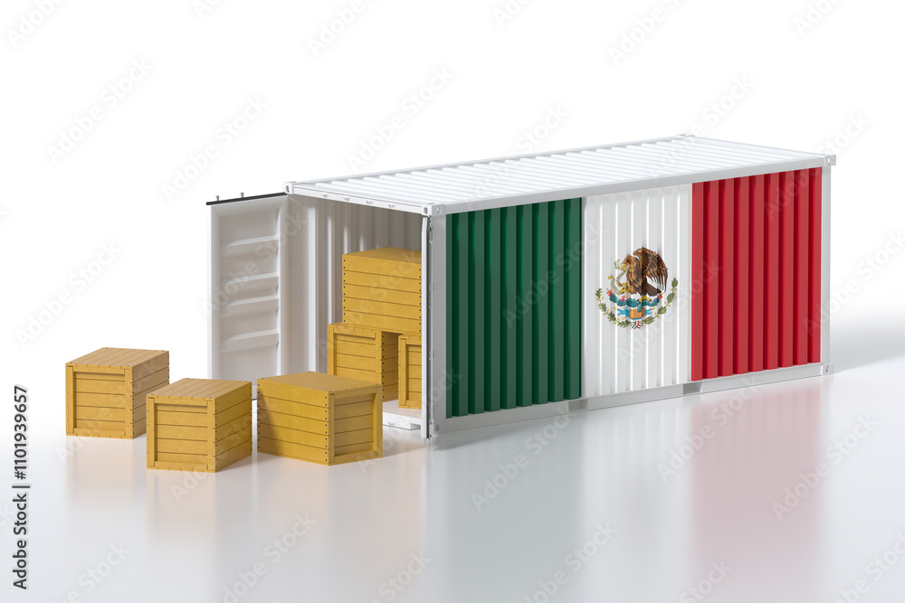 Poster cargo container with mexico flag being unloaded with wooden crates on white background
