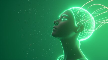 Obraz premium A futuristic image of a woman with glowing neural connections in her head, symbolizing advanced technology and human evolution. The green light and serene expression evoke a sense of calm intelligence