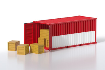 Cargo Container with Monaco Flag Being Unloaded with Wooden Crates on White Background