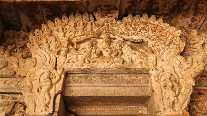 India, Tamil Nadu, Kudumiyamalai, Beautifully Carved Garbhagriha Entrance with Dwarapal, Arilmigu...